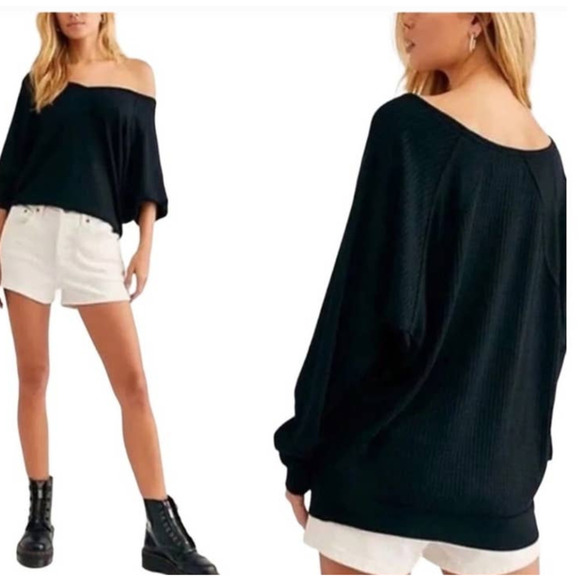Free People Tops - Free People Santa Clara Oversized Waffle V Neck Thermal In Black NWT Small
